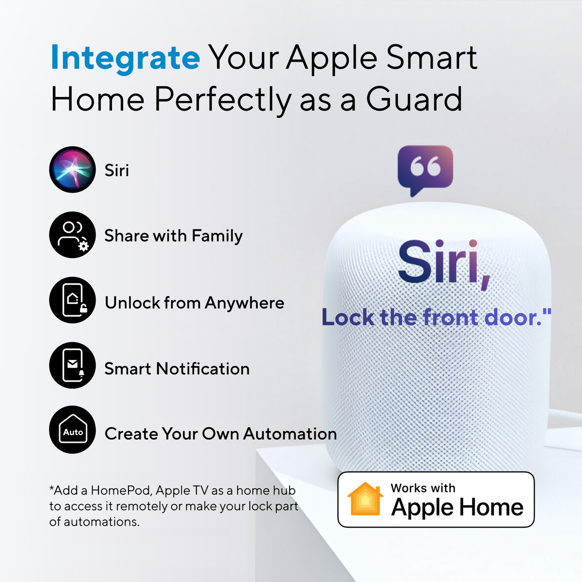 ULTRALOQ Bolt Fingerprint smart lock integrated with Apple Home for Siri control, family sharing, remote access and automations