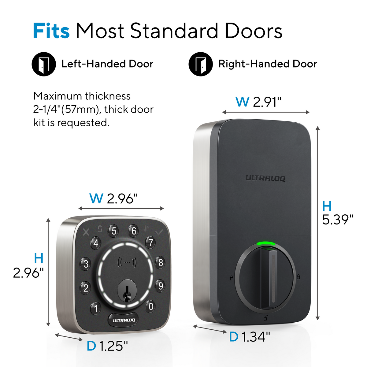 ULTRALOQ Bolt Mission smart lock dimensions and installation requirements for standard left- and right-handed doors