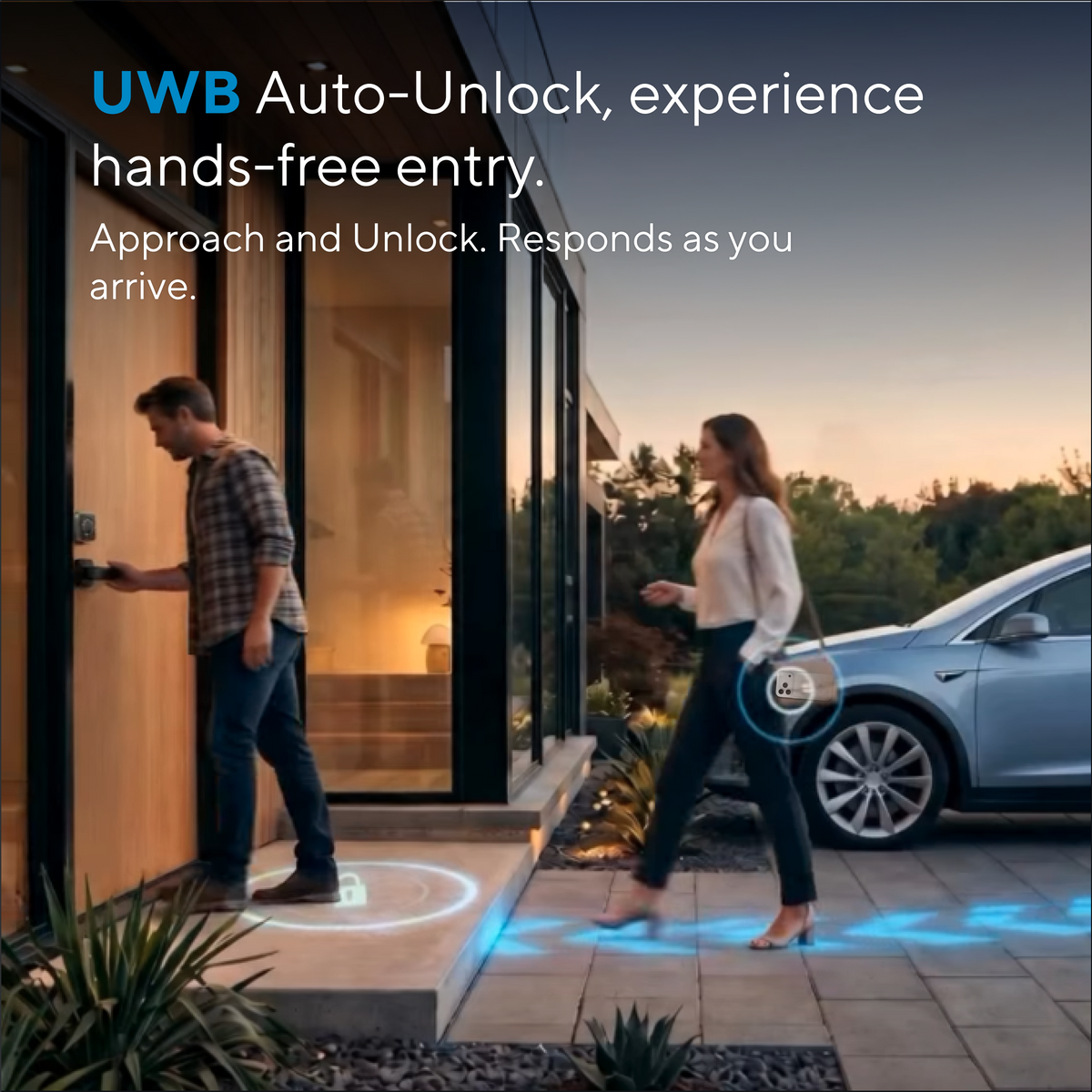 ULTRALOQ Bolt Mission hands-free UWB auto-unlock as users approach the front door from their car