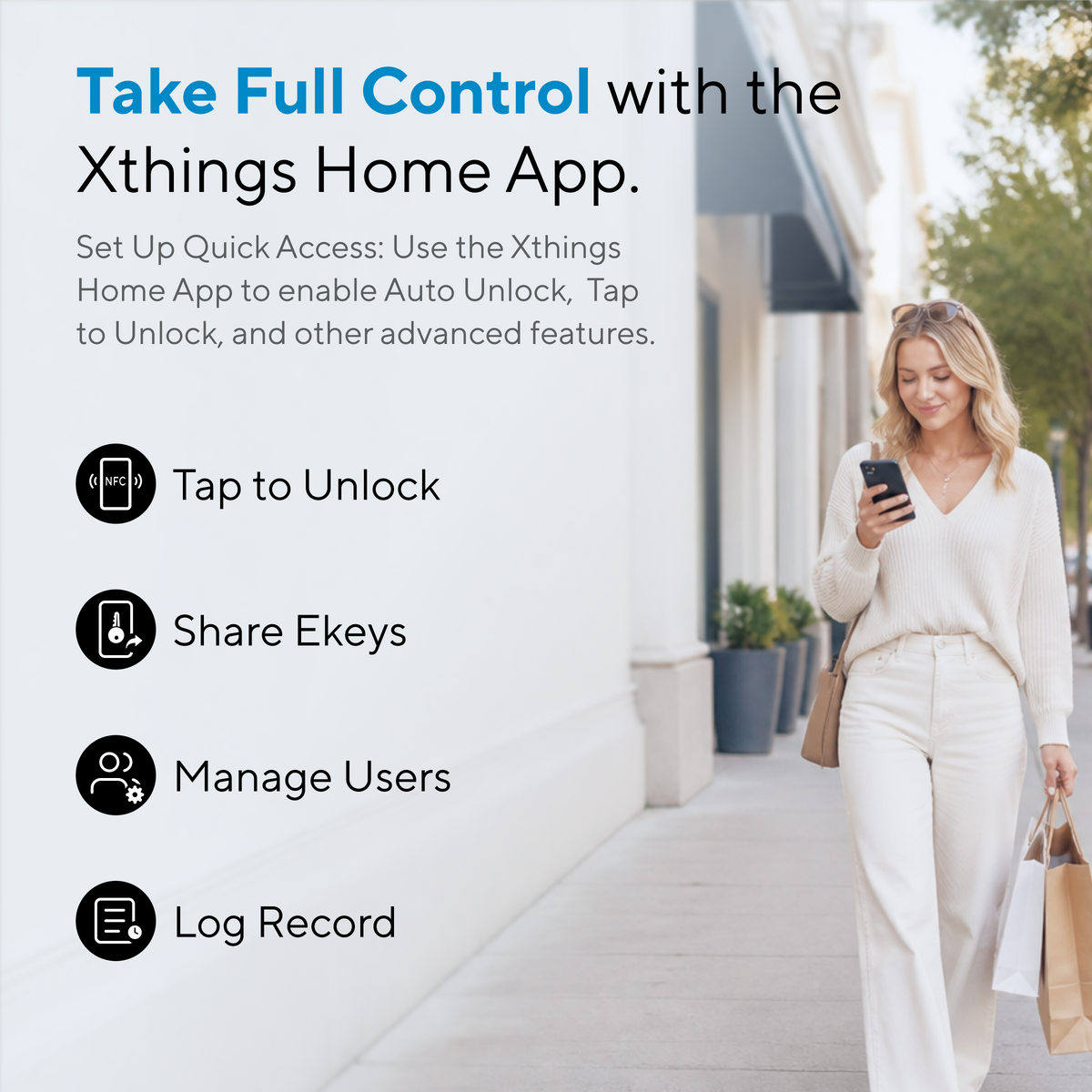 ULTRALOQ Bolt Mission smart lock managed through the Xthings Home app with Tap to Unlock, eKey sharing, user management and access logs