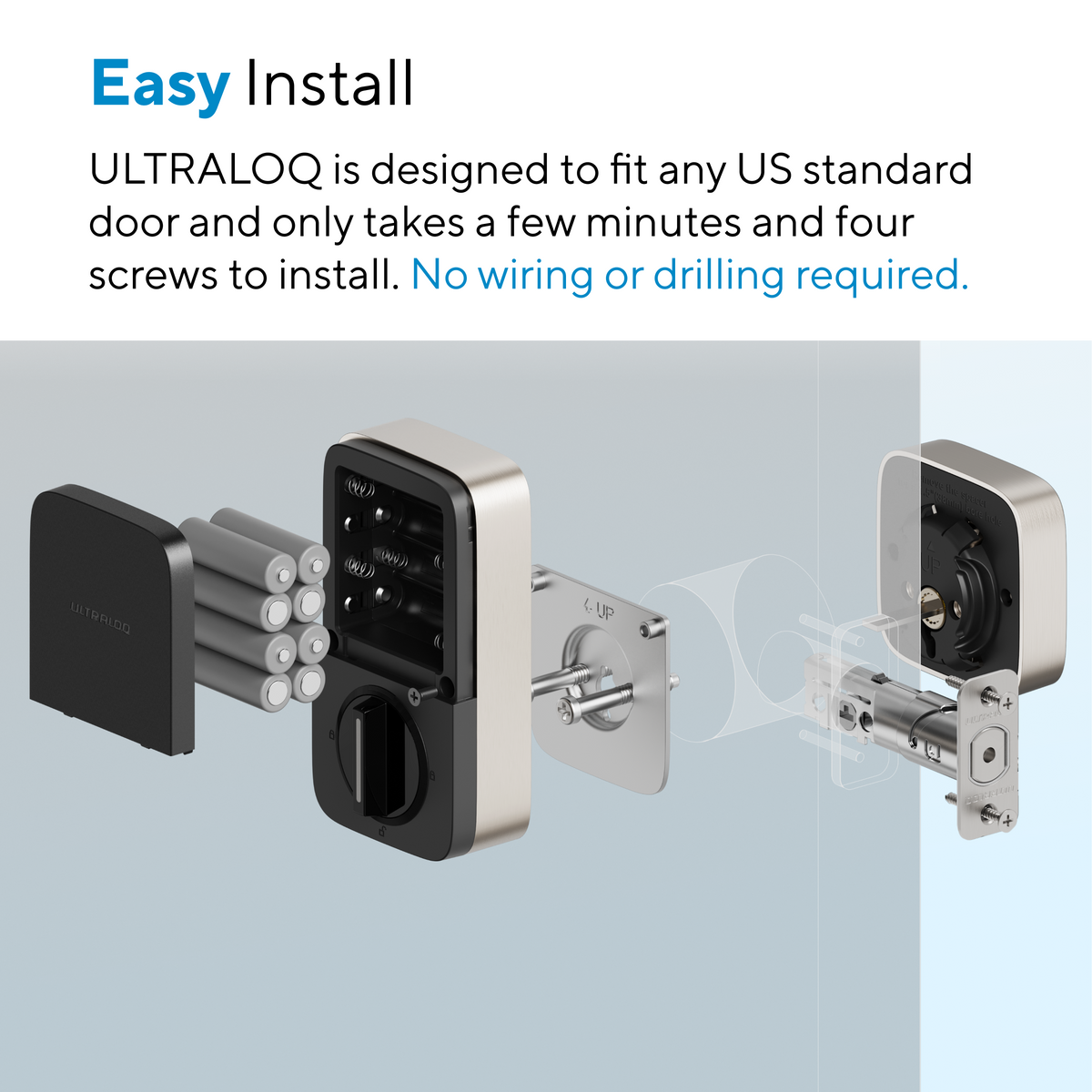 ULTRALOQ Bolt Mission smart lock installed easily on a standard door with no wiring or drilling required