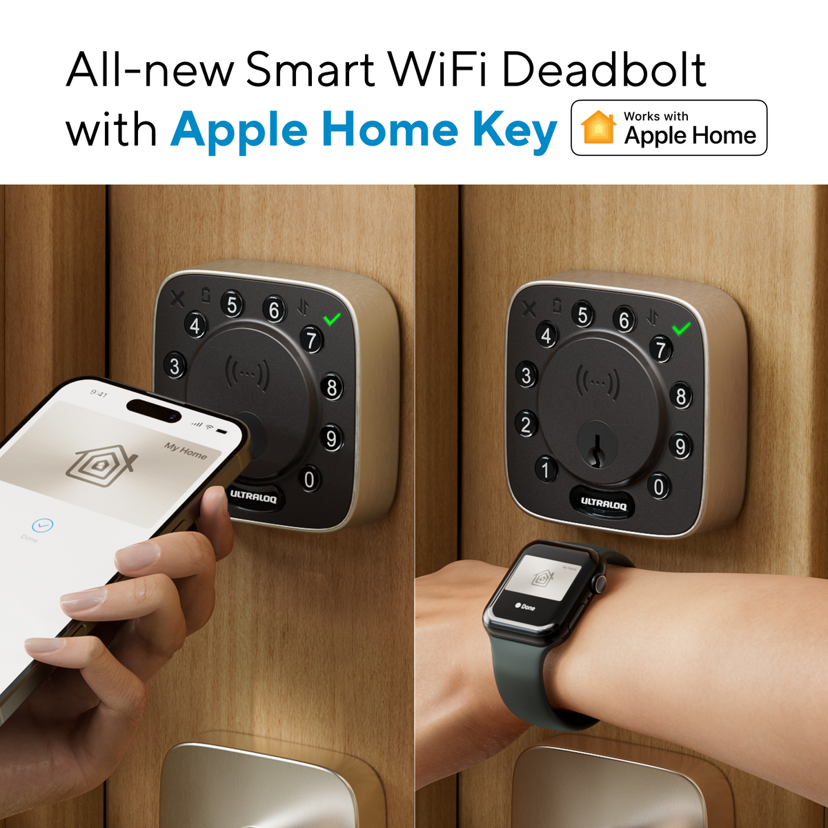 ULTRALOQ Bolt NFC smart lock unlocked using Apple Home on iPhone and Apple Watch