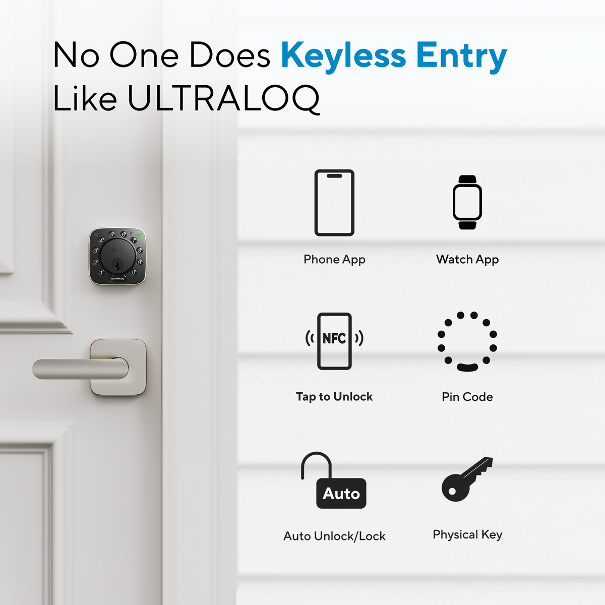 Smart lock supporting phone app, smartwatch, Tap to Unlock, automatic unlock, passcode and physical key access