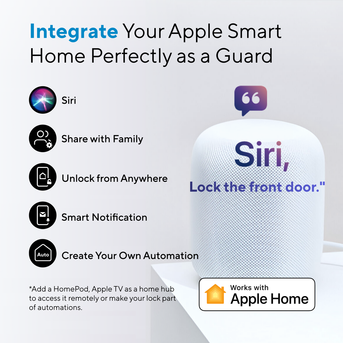 ULTRALOQ Bolt NFC smart lock integrated with Apple Home for Siri control, family sharing, remote access and automations