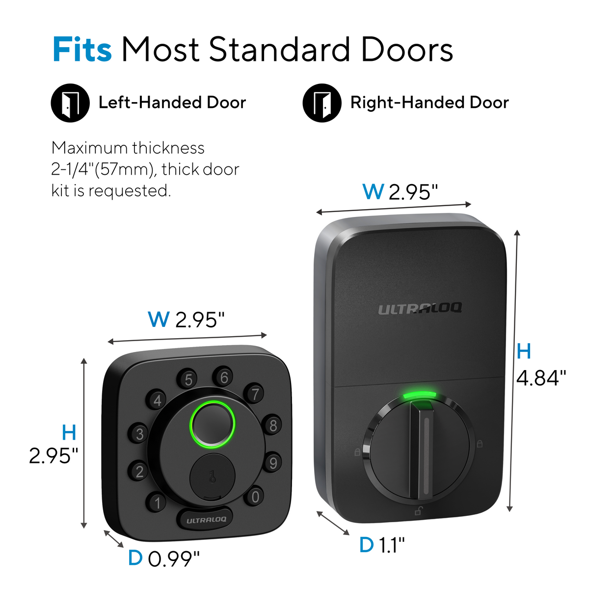 ULTRALOQ Bolt SE smart lock installation requirements for standard door thickness, backset and bore hole dimensions