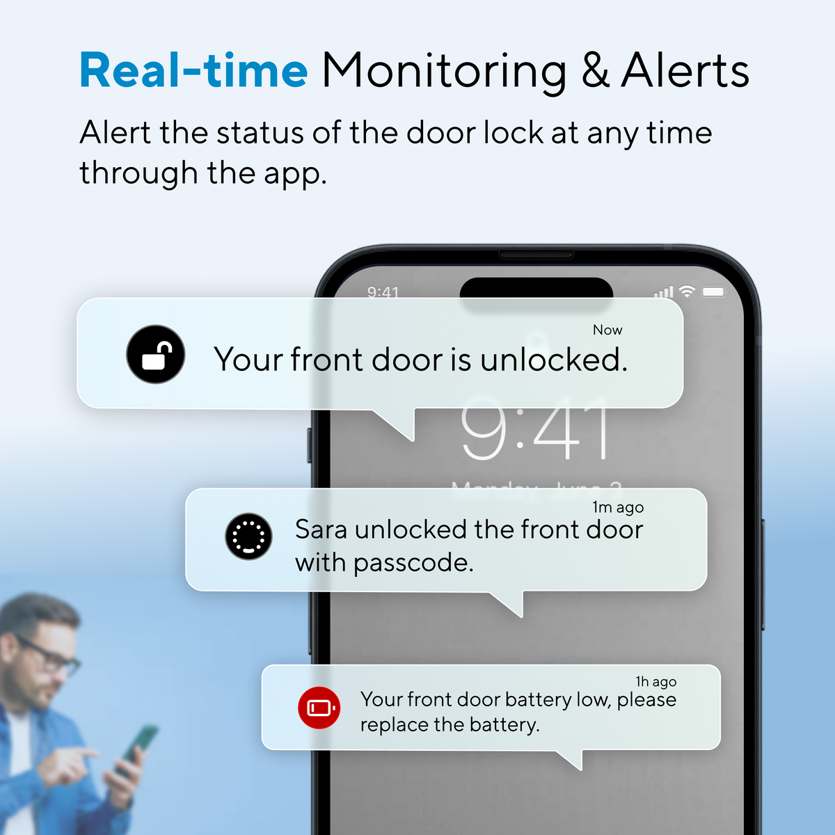 Real-time smart lock notifications for lock status, user activity and battery alerts