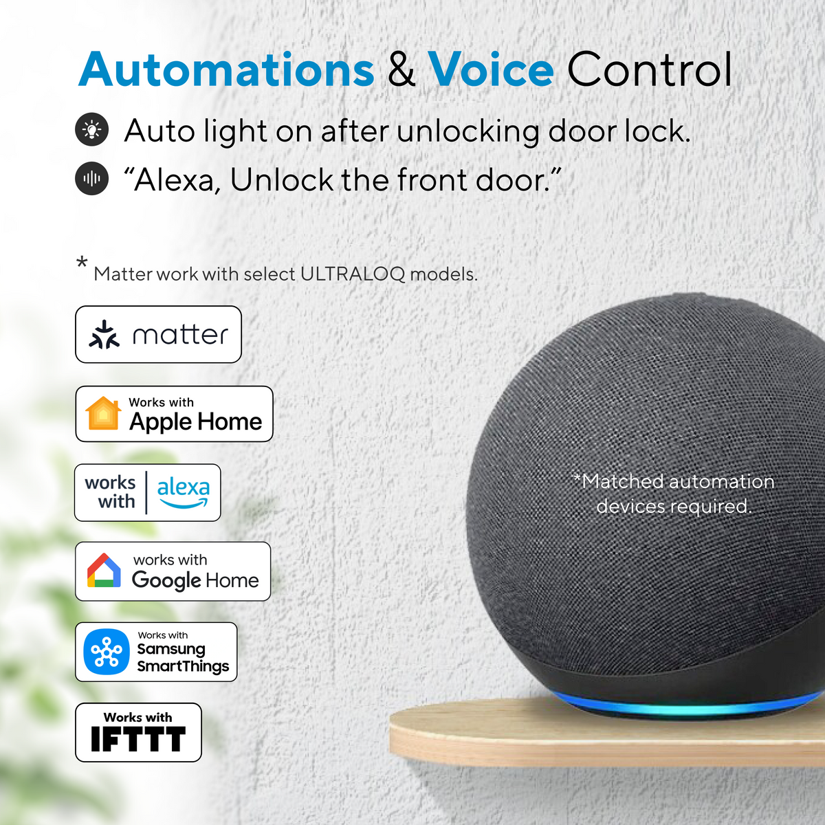 Smart lock automations and voice control with Matter, Apple Home, Alexa, Google Home, SmartThings and IFTTT