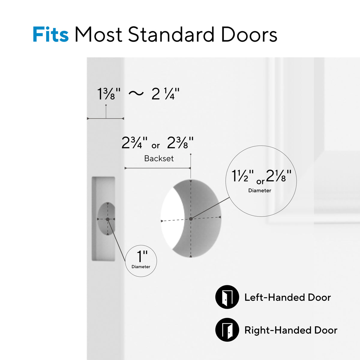 ULTRALOQ Bolt Z-Wave smart lock installation requirements for standard door thickness, backset and bore hole dimensions