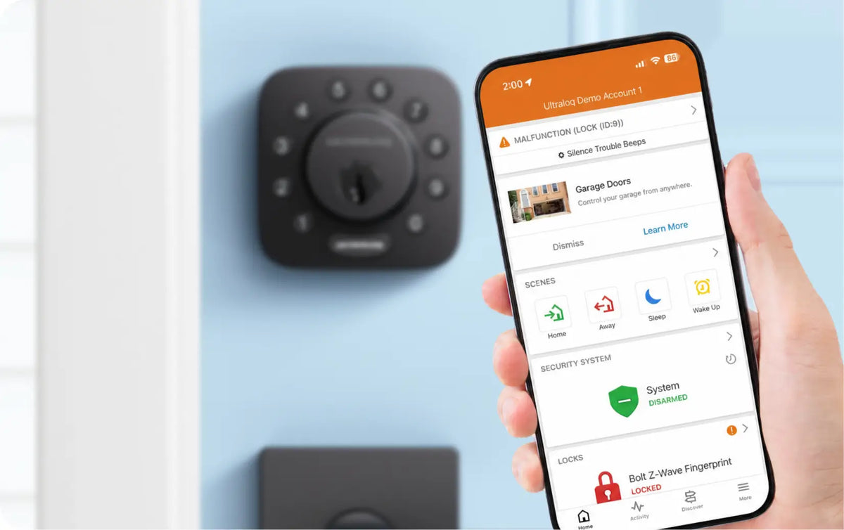 
ULTRALOQ Bolt Z-Wave smart lock managed through the Alarm.com app with smart home automation

