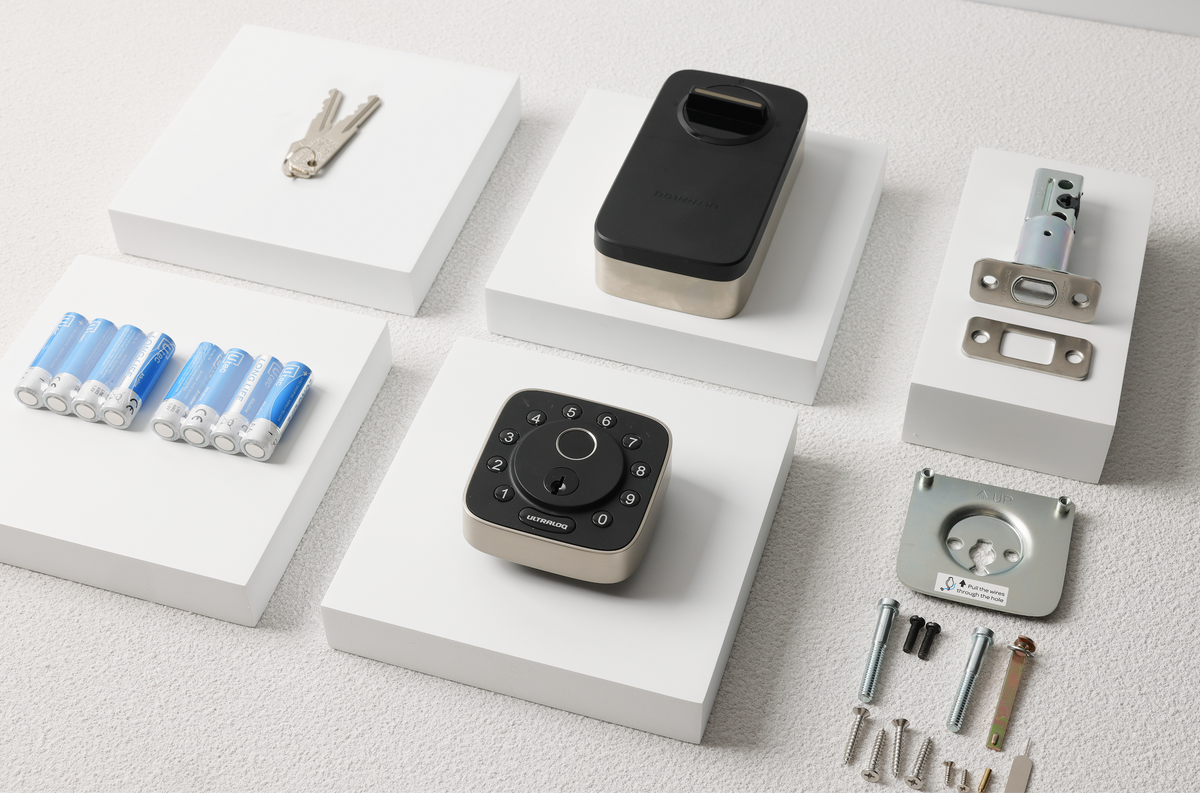 
ULTRALOQ Bolt Fingerprint smart deadbolt with included installation hardware and accessories

