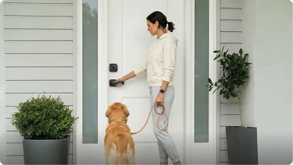 Person opening the front door with a ULTRALOQ smart lock while holding a dog leash for convenient keyless entry