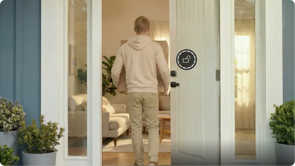 Person carrying boxes into a home while ULTRALOQ UWB smart lock unlocks automatically with hands-free entry