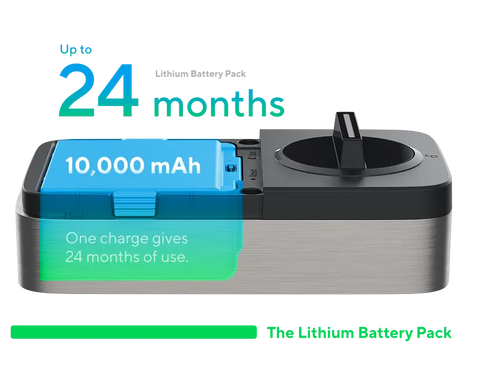Rechargeable 10000mAh lithium battery pack providing up to 24 months of battery life