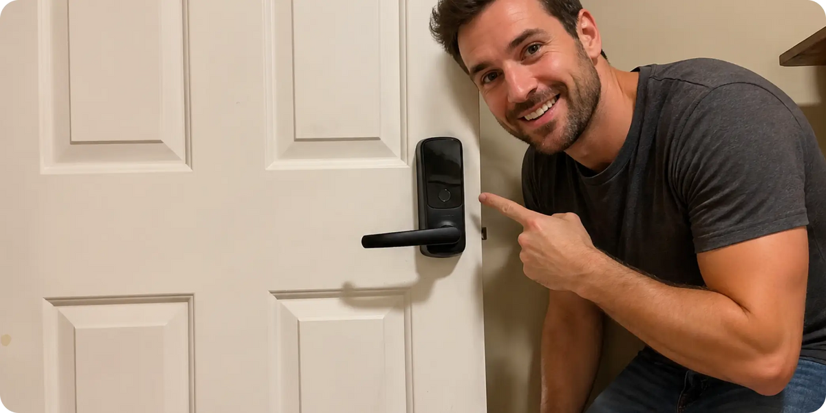 Customer showcasing the ULTRALOQ Latch 5 smart lever lock installed at home