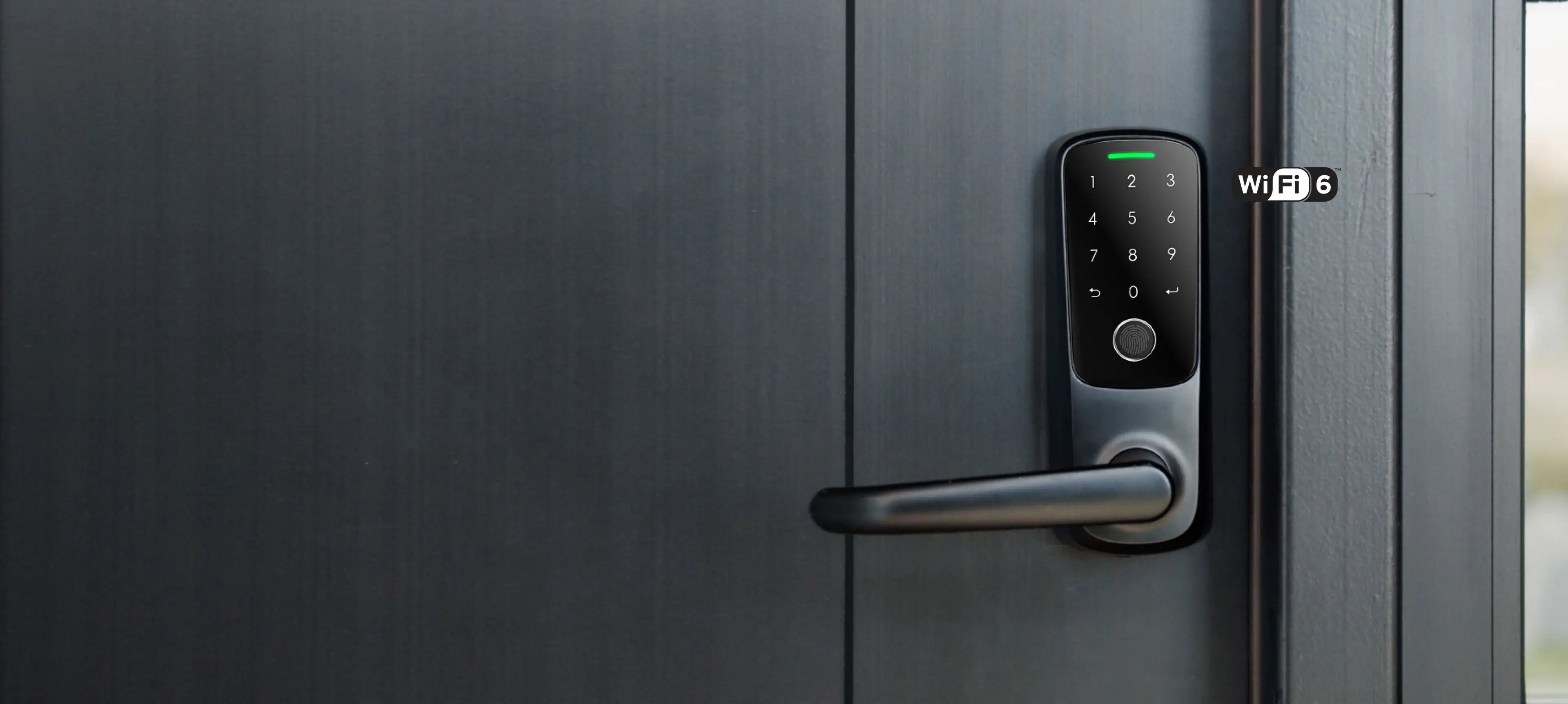 ULTRALOQ Latch 5 smart lever lock installed on a residential front door