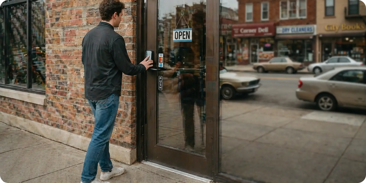ULTRALOQ Latch 5 smart lock installed on a commercial storefront entrance