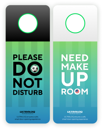 Door hanger signs for guest room privacy and housekeeping
