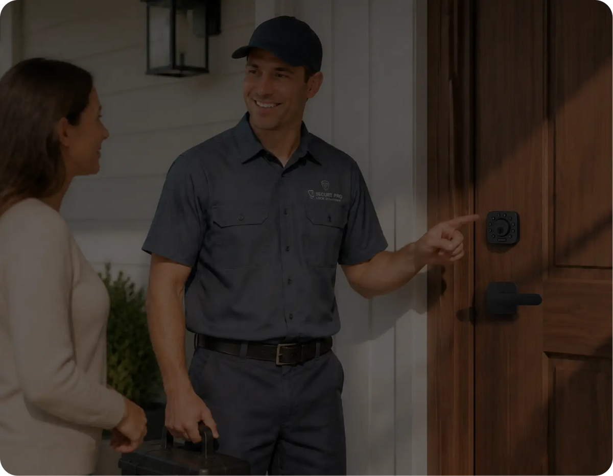 
Professional security installer introducing the ULTRALOQ Bolt Z Wave smart lock to a homeowner
