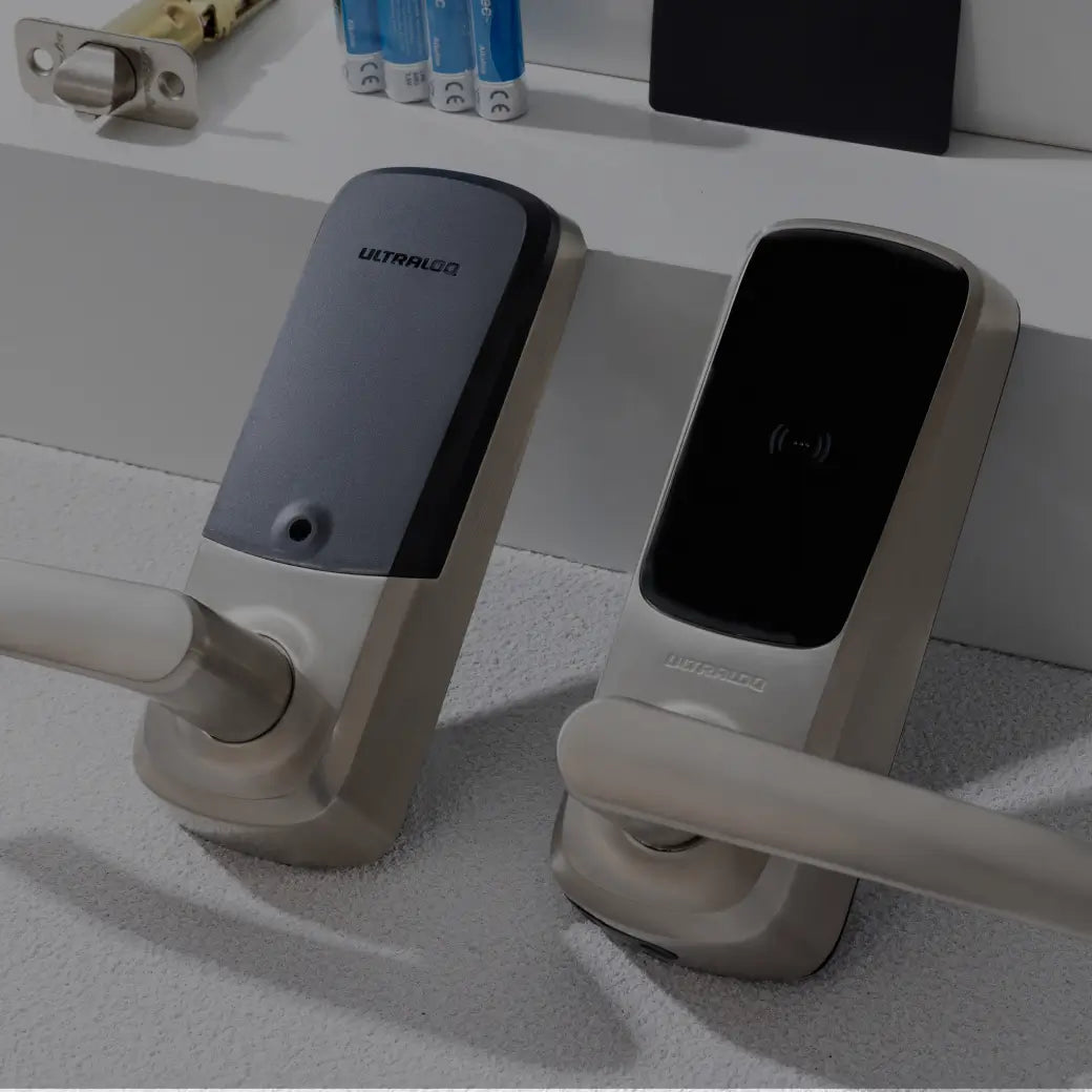 
ULTRALOQ Latch 5 Series Wi-Fi 6 smart lever lock front and rear view

