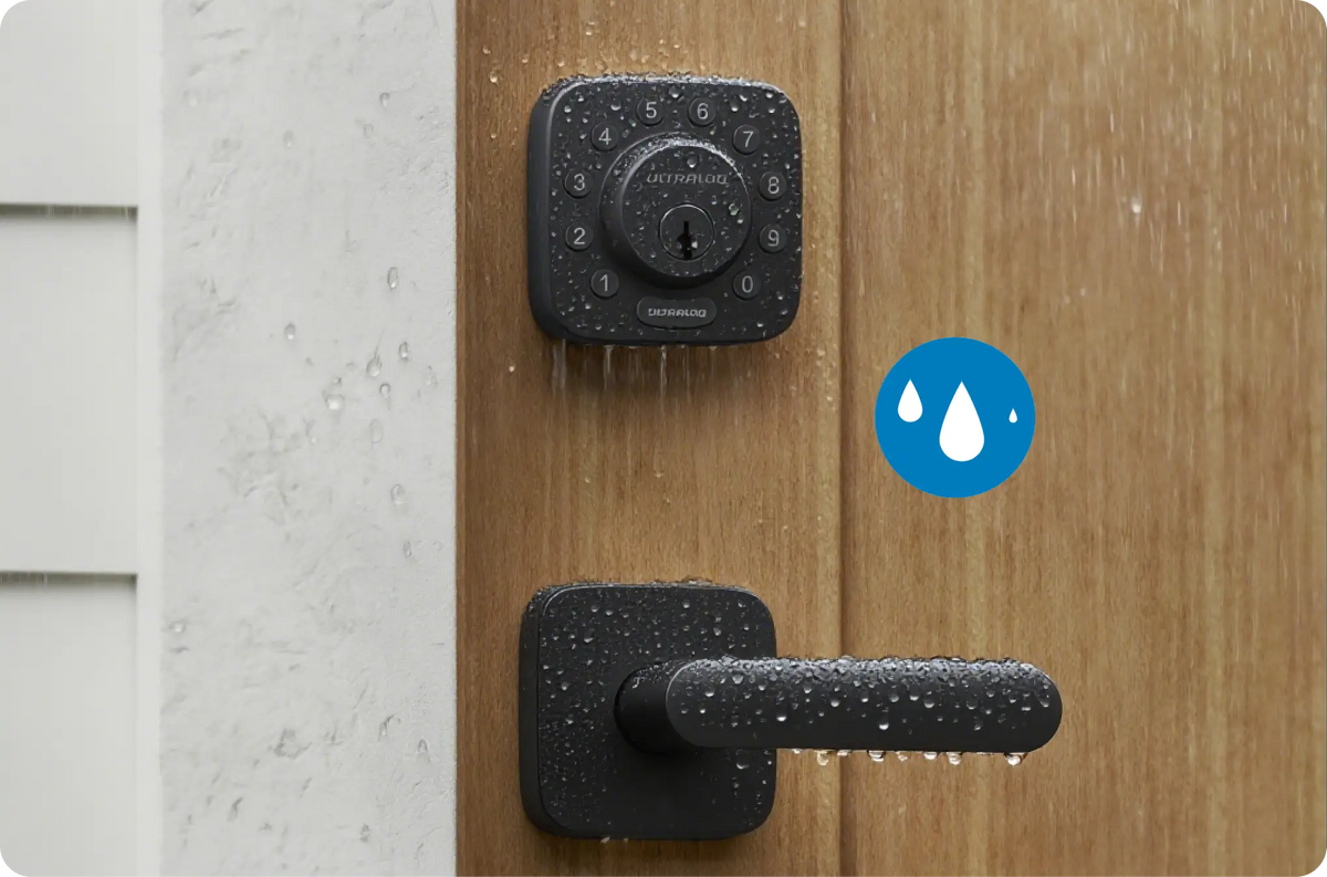 
ULTRALOQ Z Wave smart lock installed on an exterior door with weather-resistant protection
