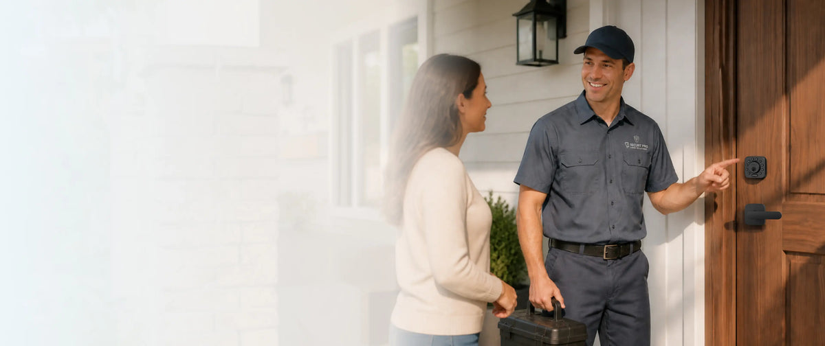 
Professional installer introducing the ULTRALOQ Bolt Z Wave smart lock to a homeowner
