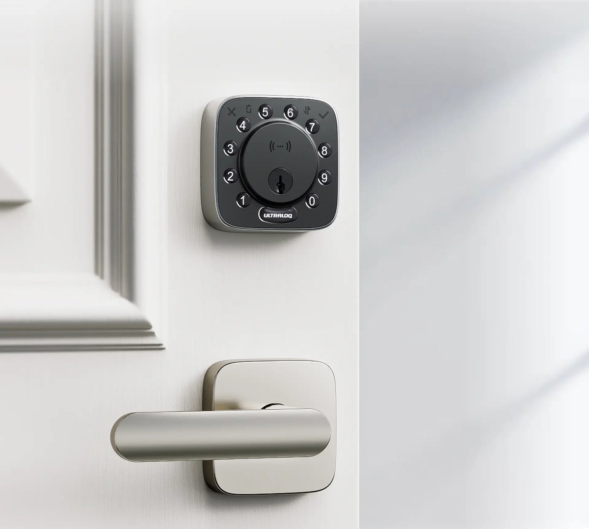 
ULTRALOQ Bolt NFC smart lock elegantly installed on a modern front door
