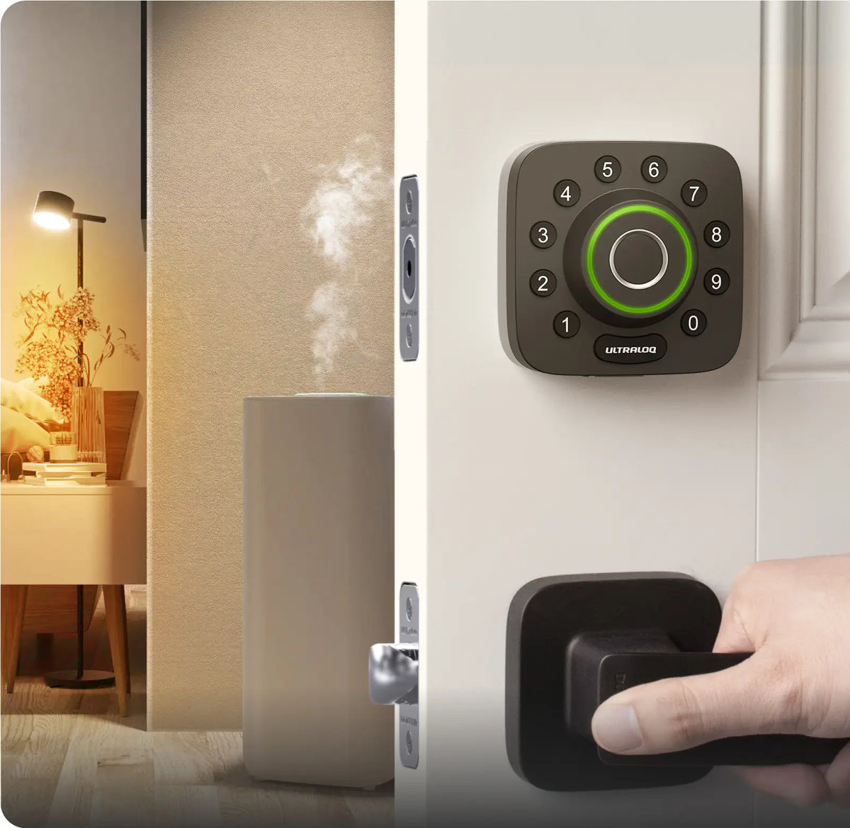 
ULTRALOQ U Bolt Pro smart lock installed on a door
