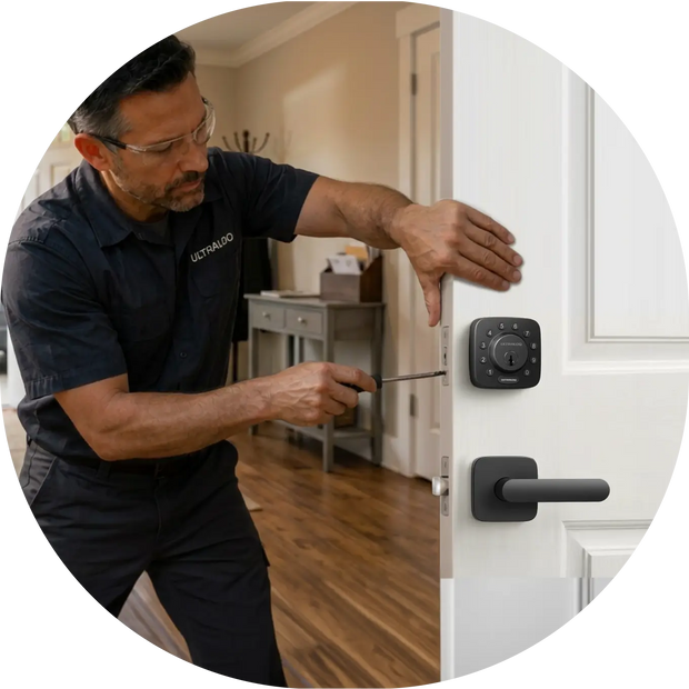 Professional installer setting up the ULTRALOQ smart lock for a homeowner