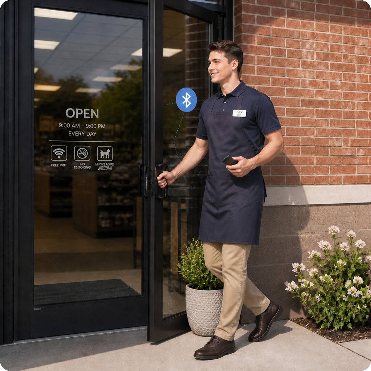 Employee using local Bluetooth access at a storefront