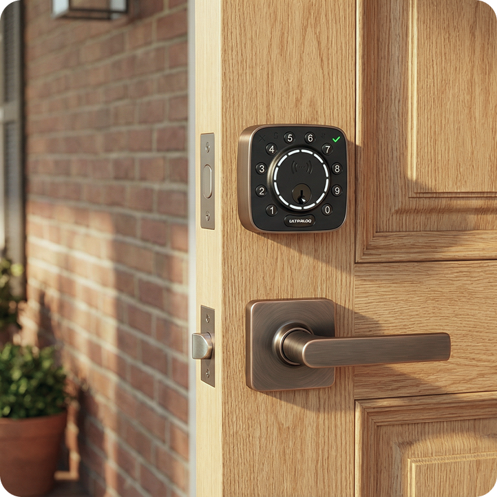 ULTRALOQ Bolt Mission smart deadbolt with matching door handle installed on a natural wood front door