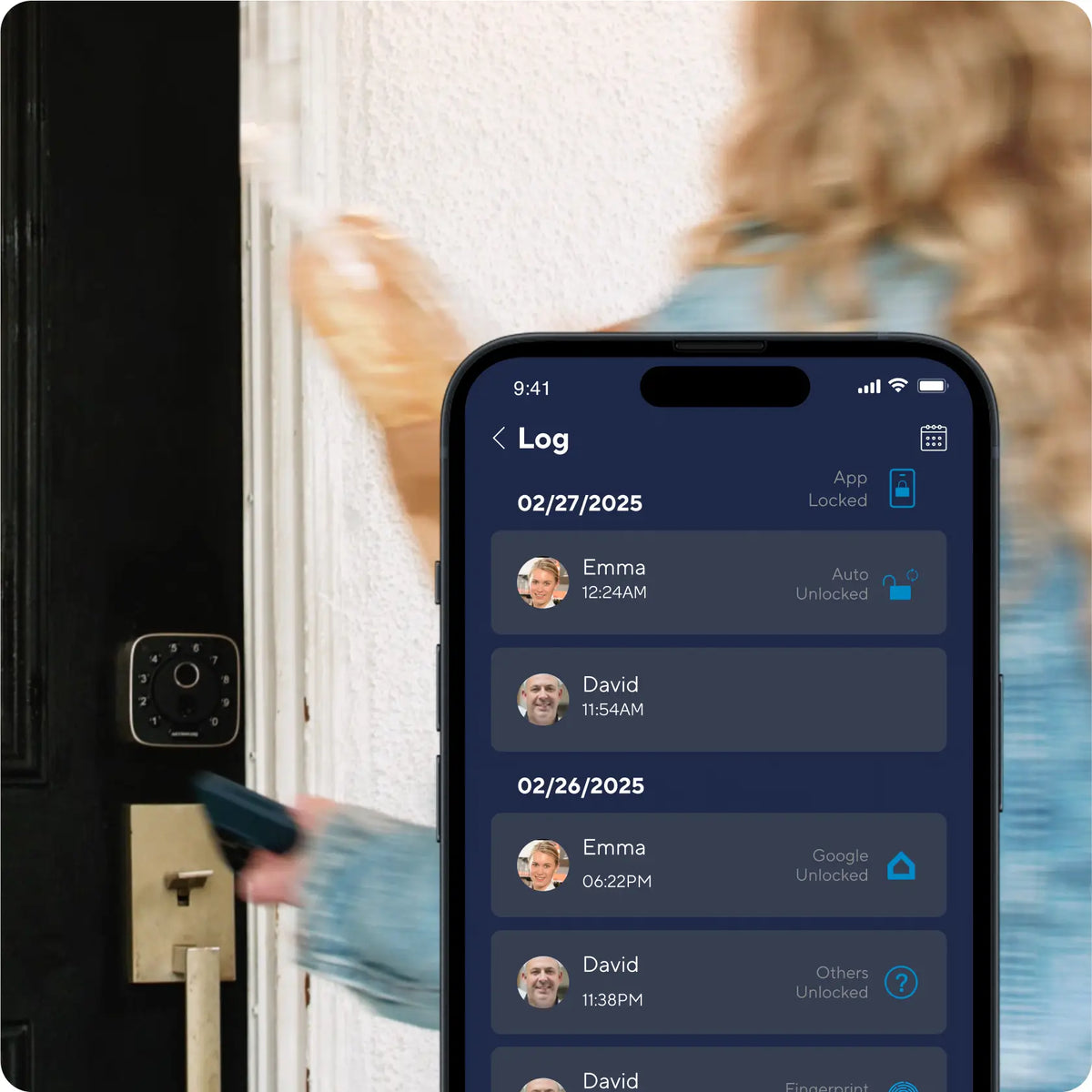 
Activity log showing smart lock access history and unlock methods
