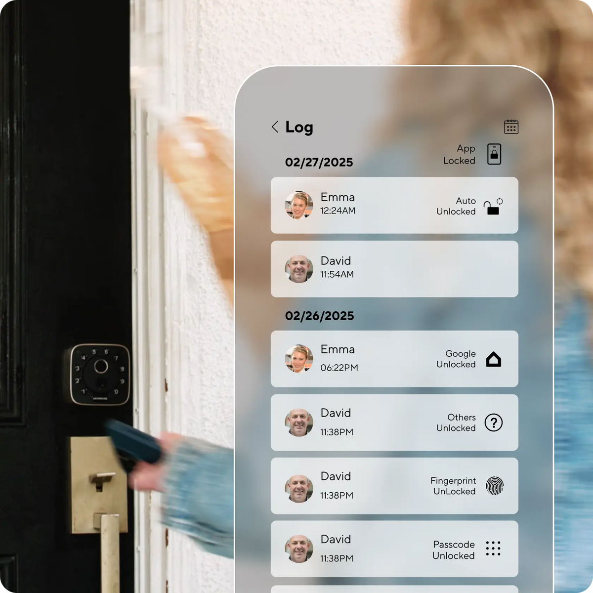 
Activity log showing smart lock access history and unlock methods
