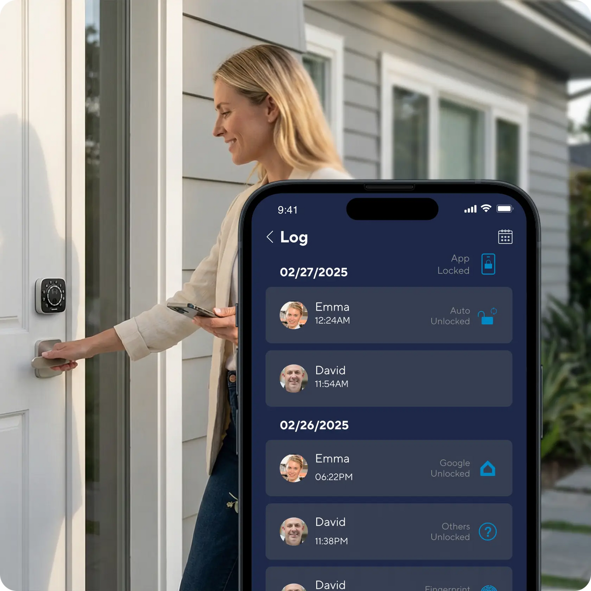 Activity log showing smart lock access history and unlock methods