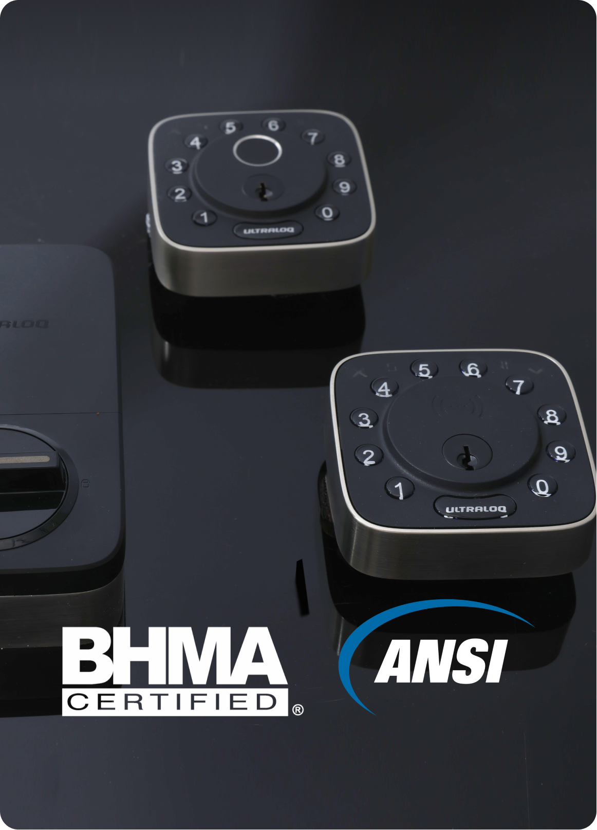 
ULTRALOQ smart lock certified to BHMA and ANSI standards for residential security and durability

